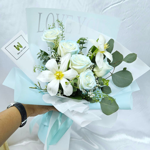 Frosty Azure Dream - Hand Bouquet - Flower Bouquet - Tulip and Rose - Flower Delivery Singapore - Well Live Florist
