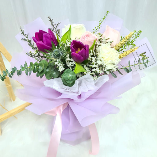 Tender Bliss - Hand Bouquet - Flower Bouquet - Tulip, Rose And Carnation - Flower Delivery Singapore - Well Live Florist