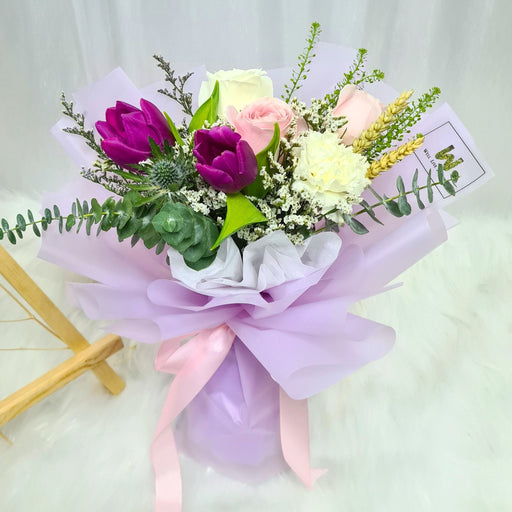 Tender Bliss - Hand Bouquet - Flower Bouquet - Tulip, Rose And Carnation - Flower Delivery Singapore - Well Live Florist