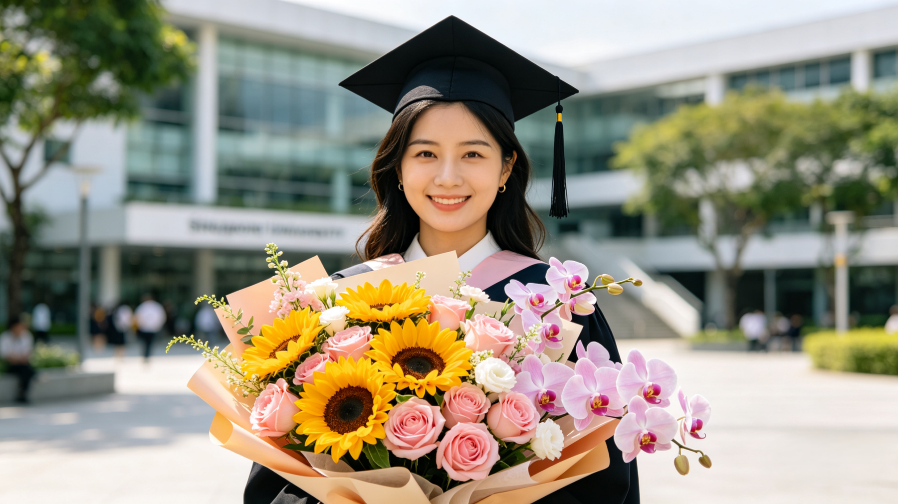 Graduation flower bouquet with fresh sunflowers and preserved roses held by university graduate in Singapore
