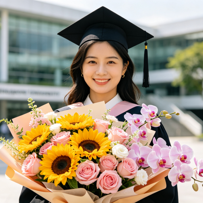 Graduation flower bouquet with fresh sunflowers and preserved roses held by university graduate in Singapore