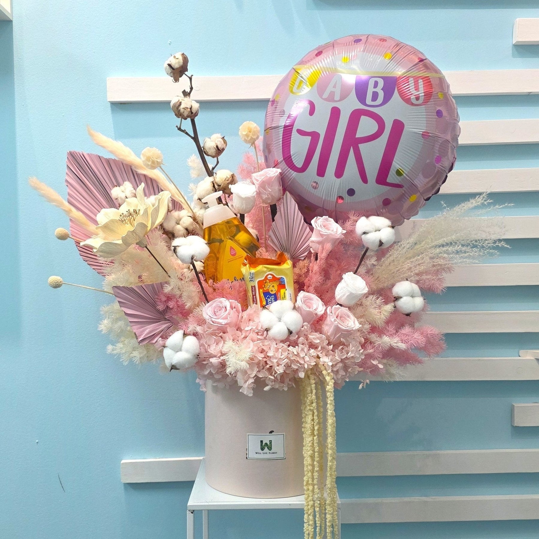 Preserved flower gift box and vase arrangement for newborns - long-lasting, zero maintenance floral gifts celebrating new life with Well Live Florist