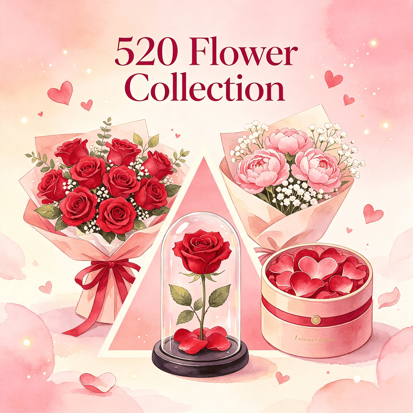 520 Flower Collection - romantic floral gift set: premium wrapped bouquet, preserved rose in glass dome, luxury flower box arrangement, perfect for 520 I Love You gifting season