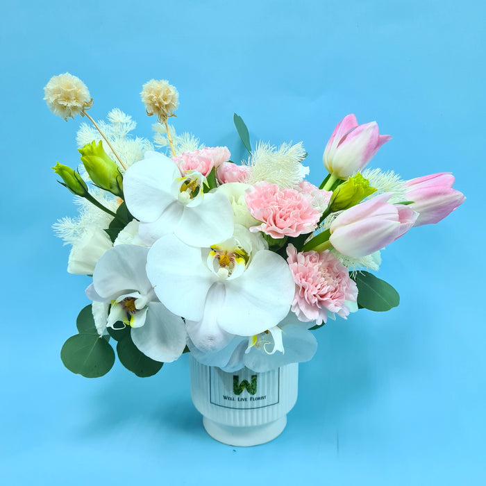 Fresh Phalaenopsis Orchid Vase Arrangement, Pink Tulips Vase Arrangement, Fresh Carnation, Flower In Vase