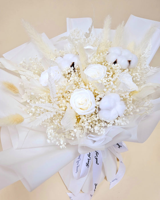 Beauty Of White - Hand Bouquet - Cotton Flower - Preserved Rose - Preserved Flower - Well Live Florist - Flower Bouquet - Flower delivery Singapore - Florist Singapore