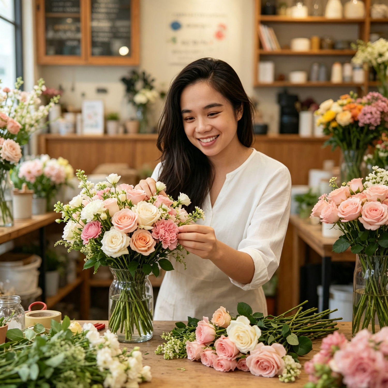 A florist in Well Live Florist Shop doing a fresh flower bouquet.