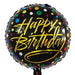 A round black foil balloon with colorful polka dots and metallic gold 'Happy Birthday' lettering
