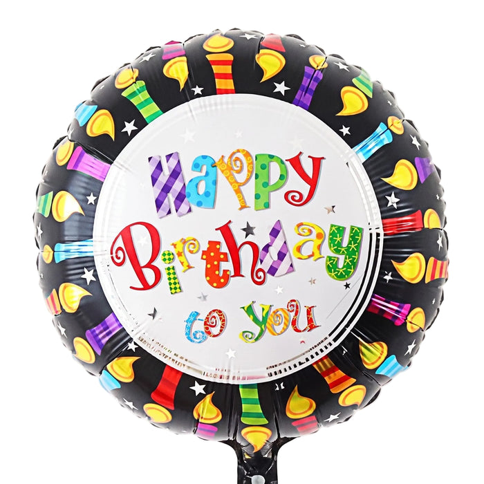 A round black foil balloon with a white center that reads 'Happy Birthday to you' in colorful playful lettering. The outer ring is decorated with multicolored party candles and stars