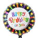 A round black foil balloon with a white center that reads 'Happy Birthday to you' in colorful playful lettering. The outer ring is decorated with multicolored party candles and stars