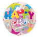 A round clear foil balloon printed with colorful 'HAPPY Birthday' lettering, star shapes, and confetti