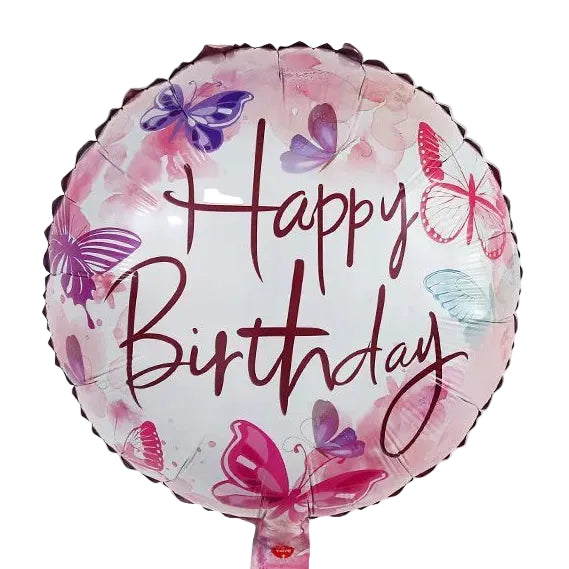 A round foil balloon decorated with colorful butterfly illustrations and the words 'Happy Birthday' in dark cursive. 