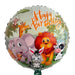 A round foil balloon with a colorful safari theme, featuring cartoon animals including an elephant, lion, giraffe, zebra, and cow, with the text 'Happy Birthday' in orange script.