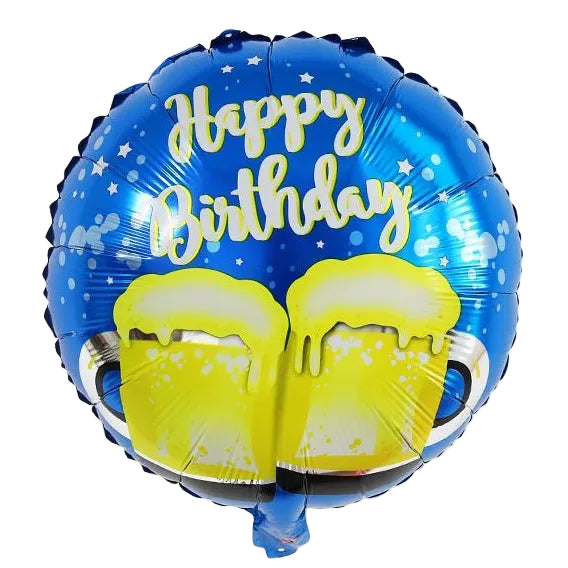 A round metallic blue foil balloon with 'Happy Birthday' in white script, decorated with two yellow beer mugs and small white stars.
