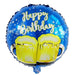 A round metallic blue foil balloon with 'Happy Birthday' in white script, decorated with two yellow beer mugs and small white stars.