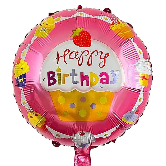 A round pink foil balloon with a 'Happy Birthday' design, featuring a cupcake illustration