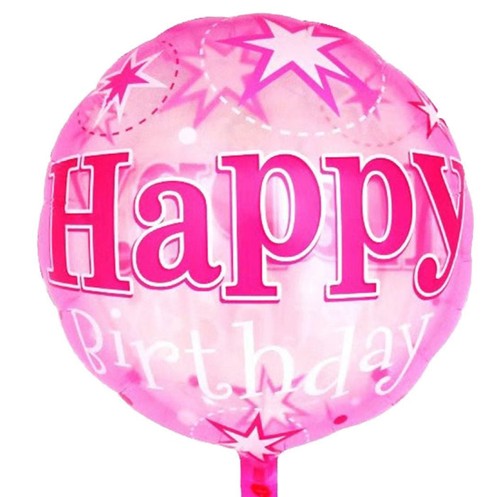 A round pink translucent helium balloon with 'Happy Birthday' printed in bold pink letters and white star accents