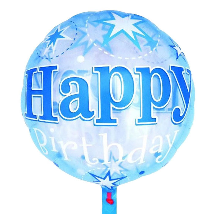 A round transparent light-up foil balloon with 'Happy Birthday' printed in blue and white.