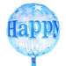 A round transparent light-up foil balloon with 'Happy Birthday' printed in blue and white.