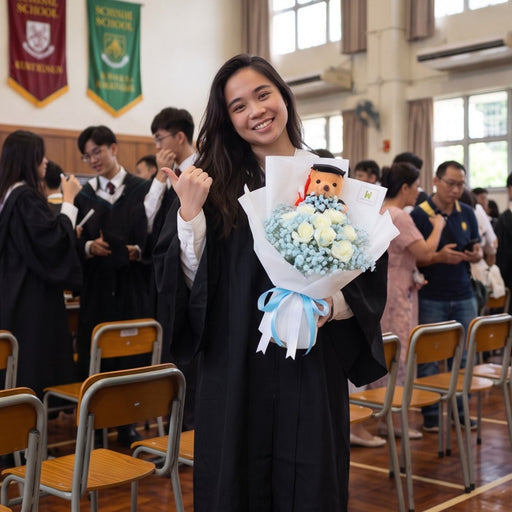 A smiling graduate in a black gown stands in a school hall holding a graduation bouquet of white rose and light blue baby's breath with a graduation teddy bear. 