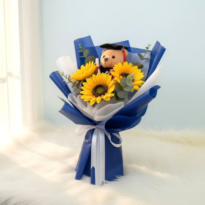 Beaming Graduate - Artificial Graduation Flower Bouquet - Sunflower Bouquet - Flower Delivery Singapore - Well Live Florist