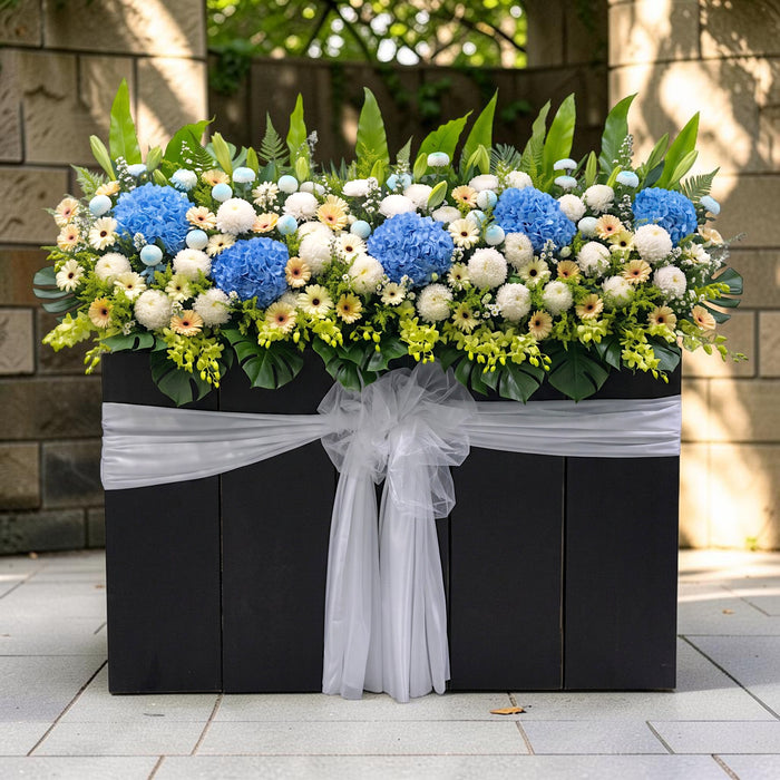 Boundless Grace large condolence flower stand with blue hydrangea and white chrysanthemum, Singapore