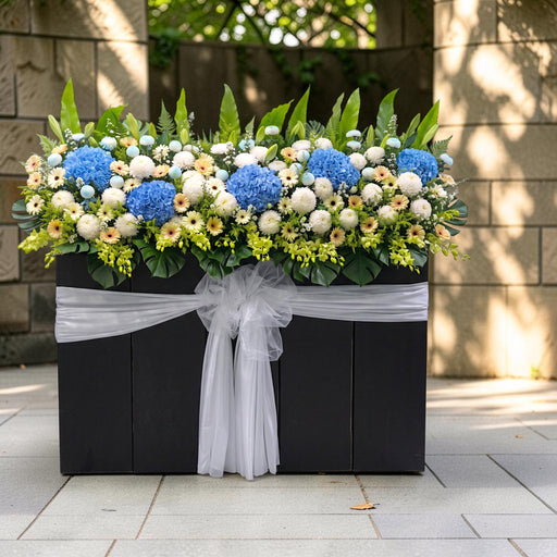 Premium 2m fresh flower condolence stand with white organza sash, funeral flower delivery Singapore