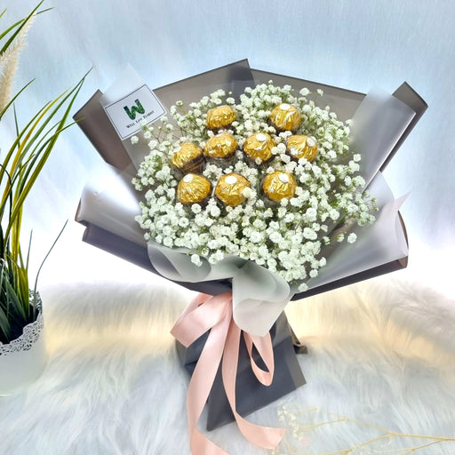 Cocoa Crush - Chocolate Flower Bouquet - Baby's Breath - Free Same Day Delivery - Florist Singapore - Well Live Florist