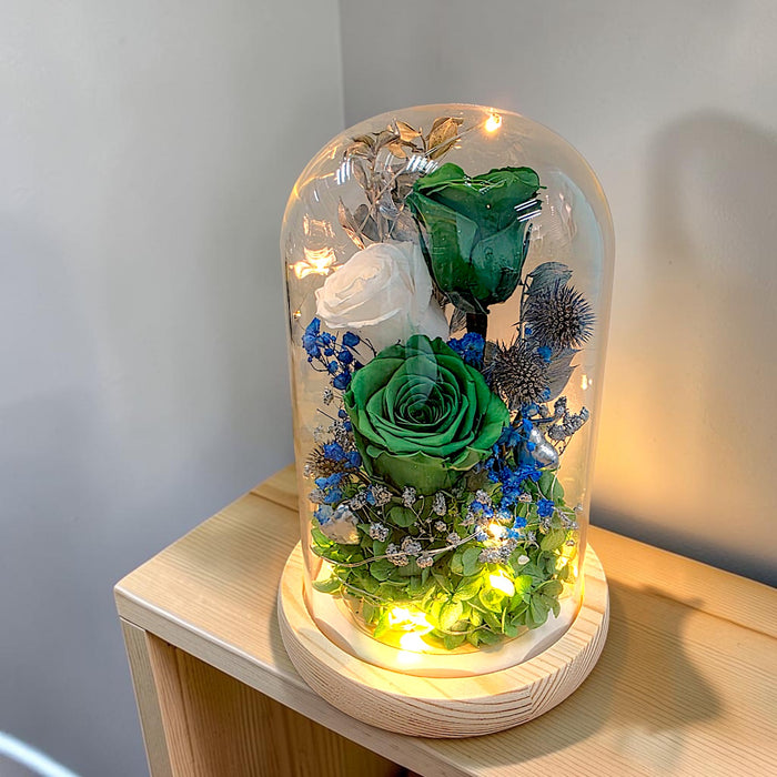 Emerald Enchantment preserved rose dome with fairy lights on wooden base