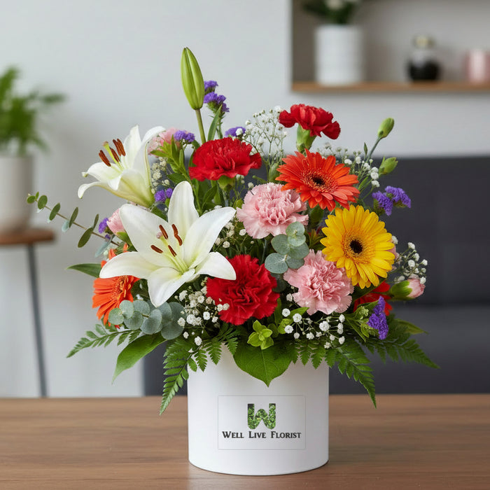 Same-day flower delivery Singapore – Flower Pop fresh flower box with eucalyptus, statice and mixed blooms perfect for get well or birthday