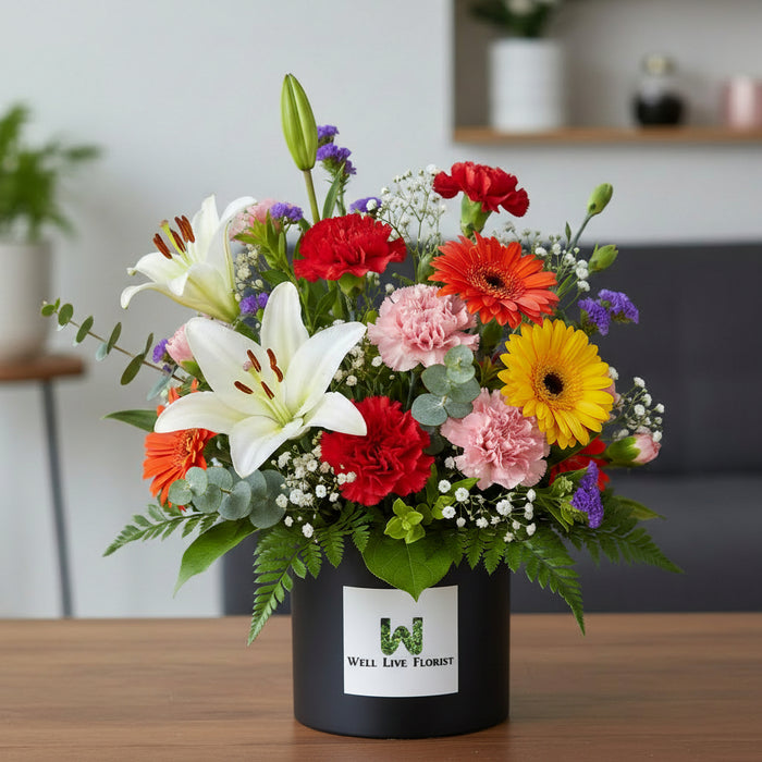 Same-day flower delivery Singapore – Flower Pop fresh flower box with eucalyptus, statice and mixed blooms perfect for get well or birthday
