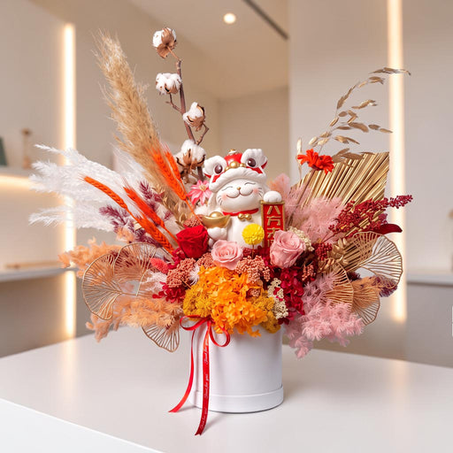 Fortune Beckons dried flower arrangement 50cm by 60cm in white box with preserved roses