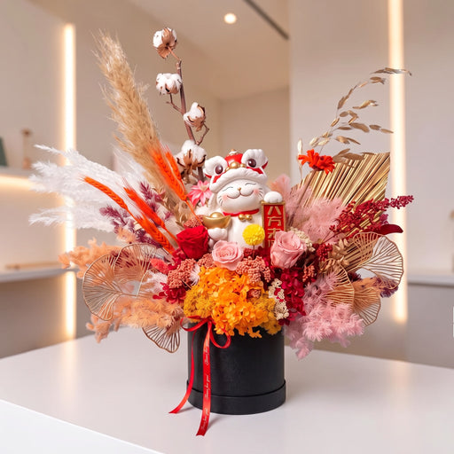 Grand Opening flower gift Fortune Beckons with red roses and gold ingot decor in black box