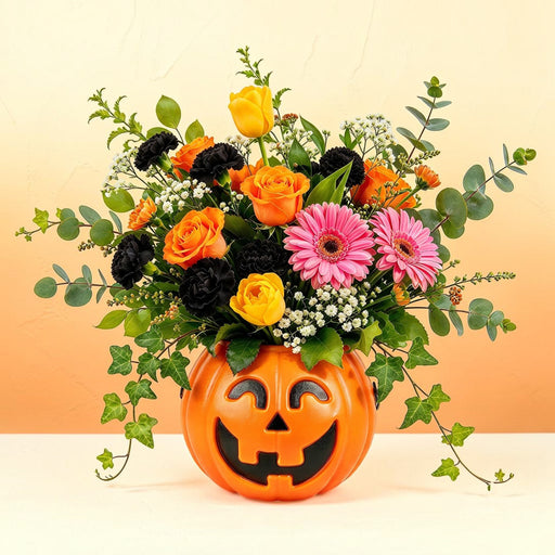 Grin & Bloom Pumpkin Bouquet, fresh Halloween flowers with orange roses, black carnations and pink gerberas in a jack-o’-lantern pumpkin container