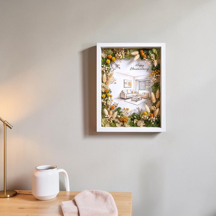 Well Live Florist floral artwork frame hanging on a feature wall in a modern Singapore home, housewarming present.