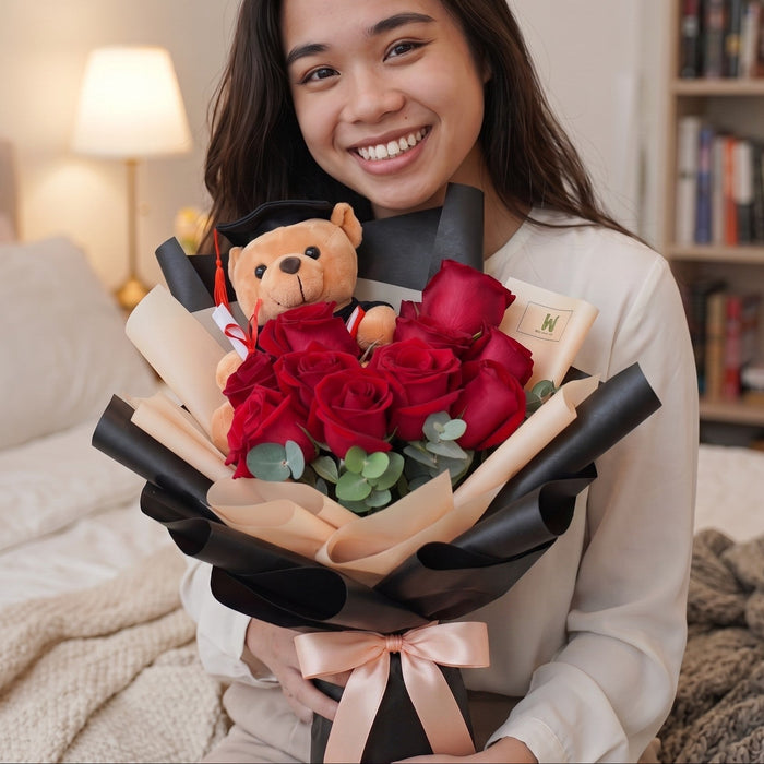 Never Give Up red rose graduation bouquet with bear