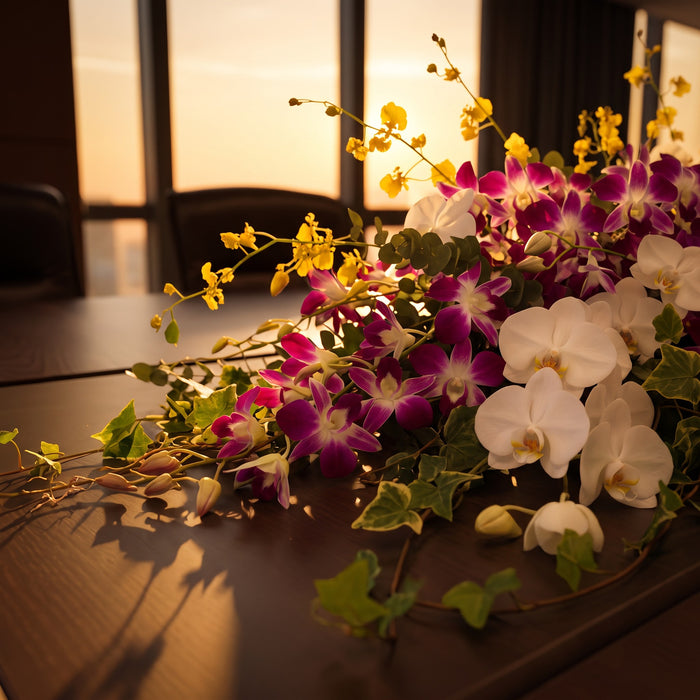 Purple dendrobium and white orchid table arrangement with sunset backdrop | Well Live Florist Singapore