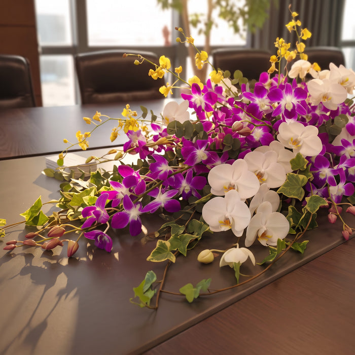 Elegant orchid table spread with trailing ivy for office or boardroom gifting