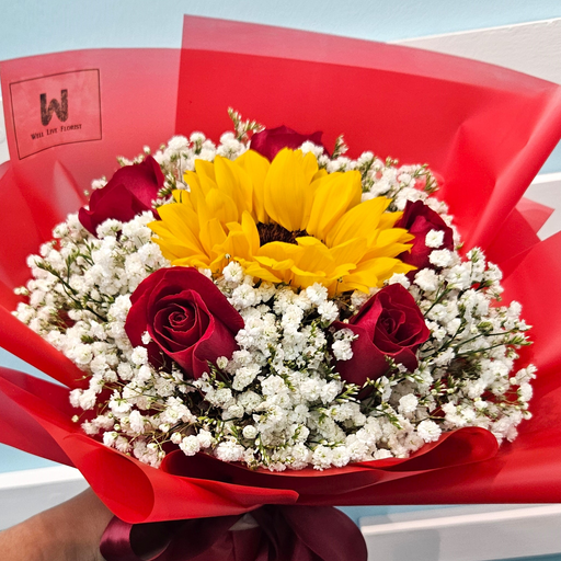 Red Hot Bloom - Hand Bouquet - Sunflower and Red Rose Bouquet - Flower Bouquet - Flower Delivery Singapore - Well Live Florist