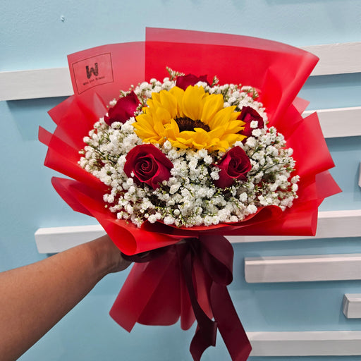 Red Hot Bloom - Hand Bouquet - Sunflower and Red Rose Bouquet - Flower Bouquet - Flower Delivery Singapore - Well Live Florist