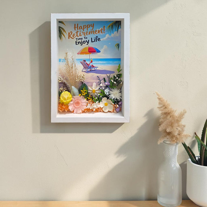 Retirement Radiance frame mounted on a neutral wall in a home or office setting, demonstrating scale and visual impact as a statement piece for retirement gift displays or personal spaces.