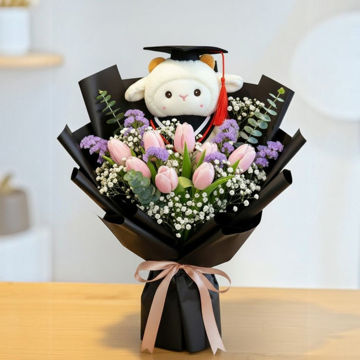 Royal Achievement - Pink Tulip Graduation Bouquet - Flower Delivery Singapore - Well Live Florist