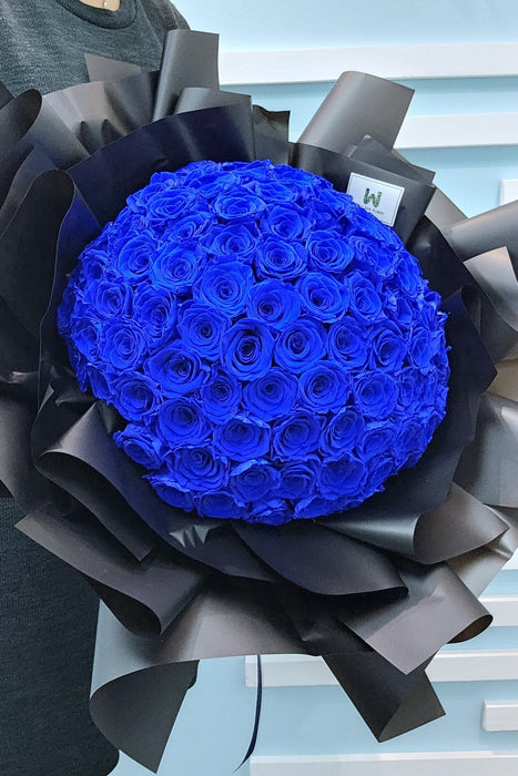 Royal Blue - 99 Preserved Rose Hand Bouquet - Preserved Flower Bouquet - Free Same Day Delivery - Florist Singapore - Well Live Florist