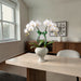 A white Phalaenopsis orchid plant with a green ribbon bow, displayed in a grayish green ceramic swirl pot on a light wood dining table in a modern, sunlit room.