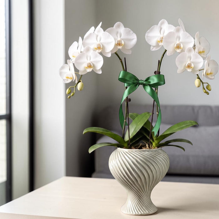 A potted white butterfly orchid with multiple blooms, tied with a green ribbon, in a grayish green ceramic swirl pot on a light table in a softly blurred living room setting.