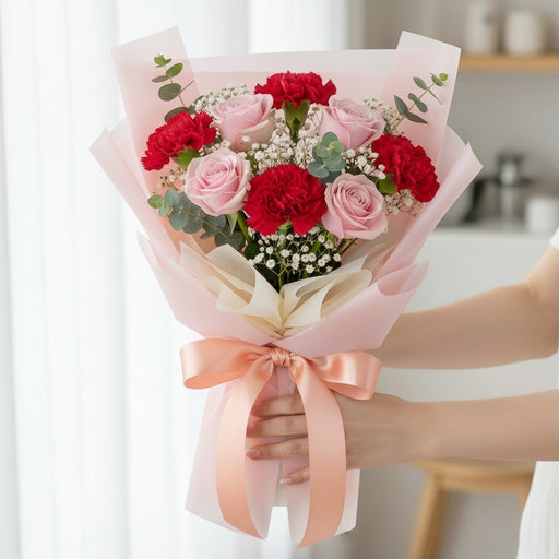 Soft Strength - Pink Rose with Red Carnation Bouquet - Fresh Flower Bouquet - Flower Delivery Singapore - Well Live Florist