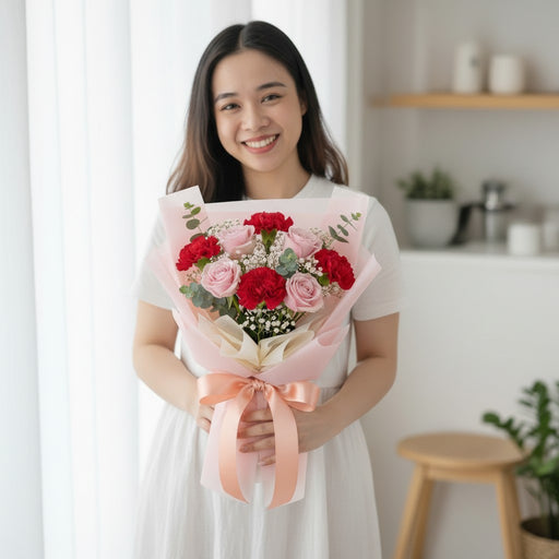 Soft Strength - Pink Rose with Red Carnation Bouquet - Fresh Flower Bouquet - Flower Delivery Singapore - Well Live Florist