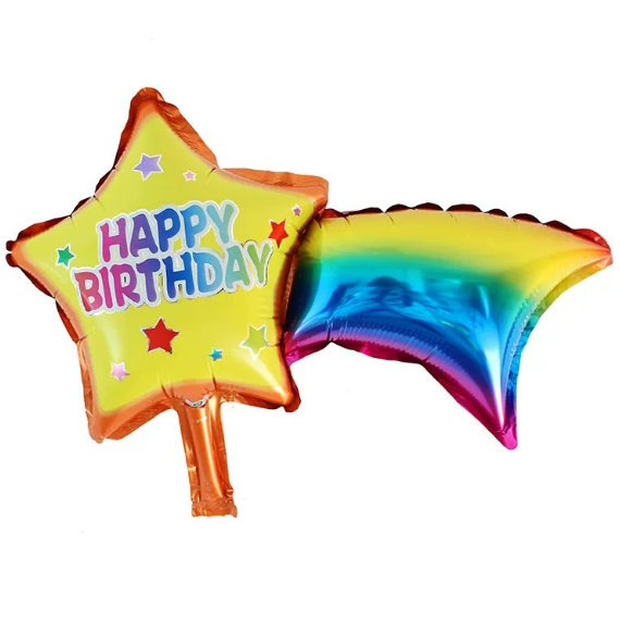 Star-shaped balloon with 'HAPPY BIRTHDAY' text and small star accents, and one rainbow-colored arrowhead balloon.