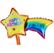 Star-shaped balloon with 'HAPPY BIRTHDAY' text and small star accents, and one rainbow-colored arrowhead balloon.