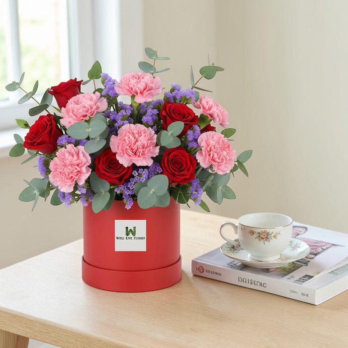 Summer Blush - Rose and Carnation Box Arrangement - Fresh Flower Bouquet - Flower Delivery Singapore - Well Live Florist 