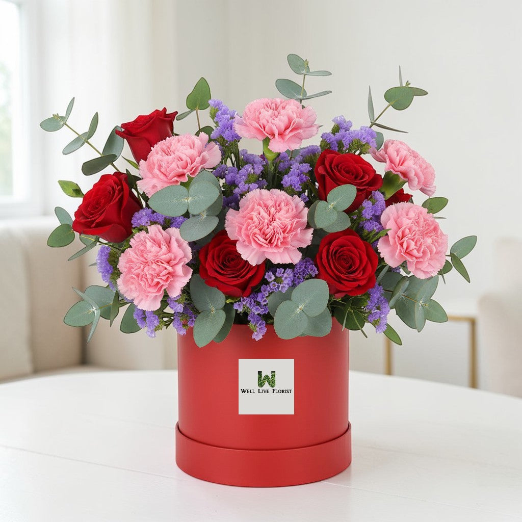Summer Blush - Rose and Carnation Box Arrangement - Fresh Flower Bouquet - Flower Delivery Singapore - Well Live Florist 